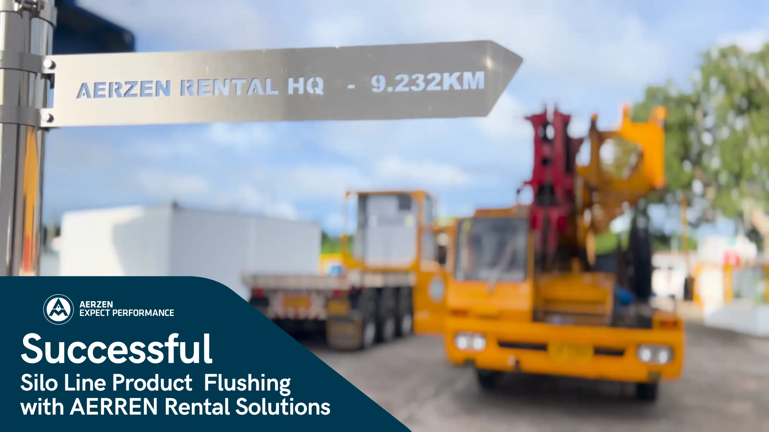 Banner showing successful silo line product flushing project with AERZEN Rental Solutions and industrial truck in background