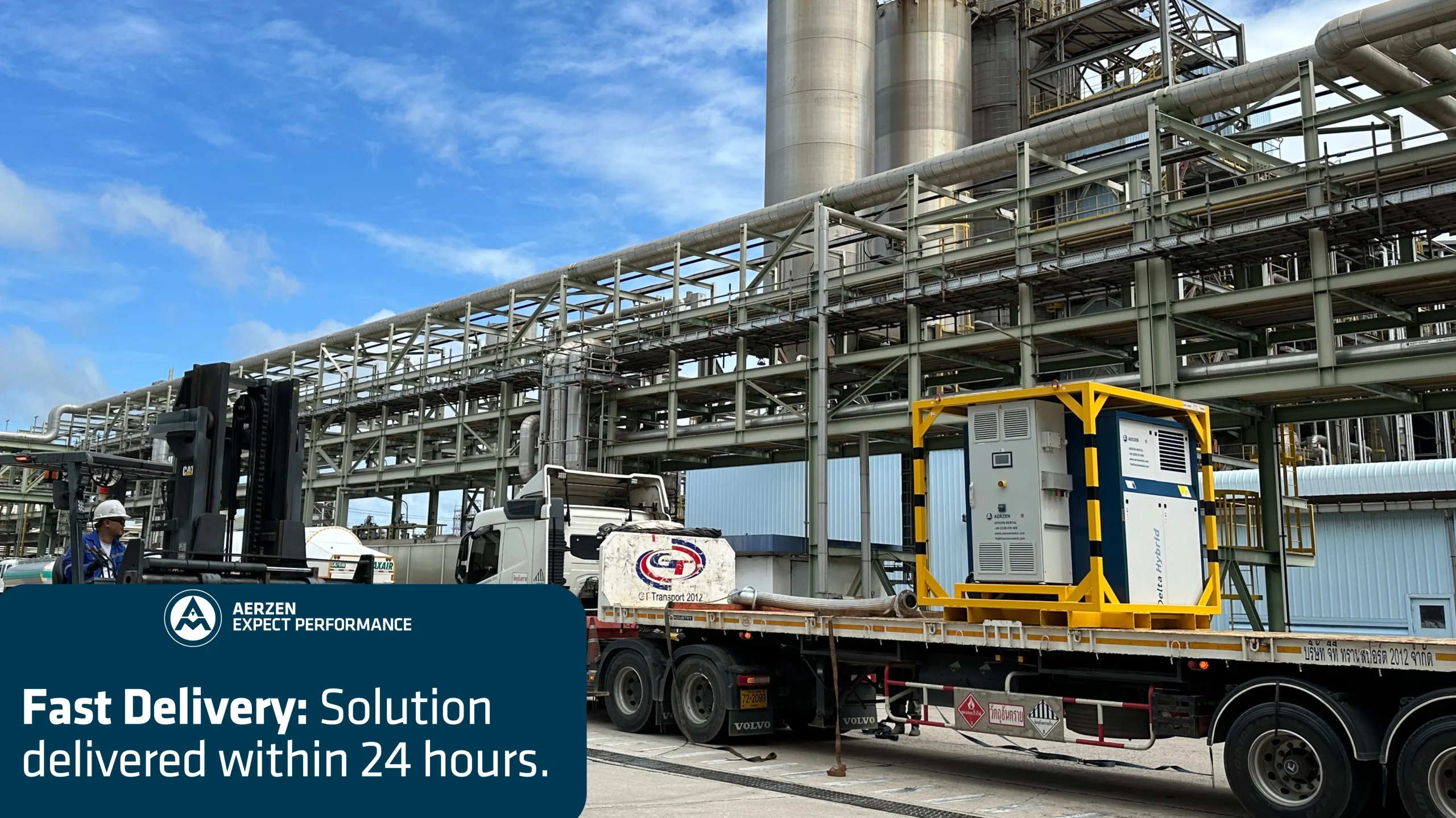 AERZEN containerized blower being delivered to factory within 24 hours for emergency air support