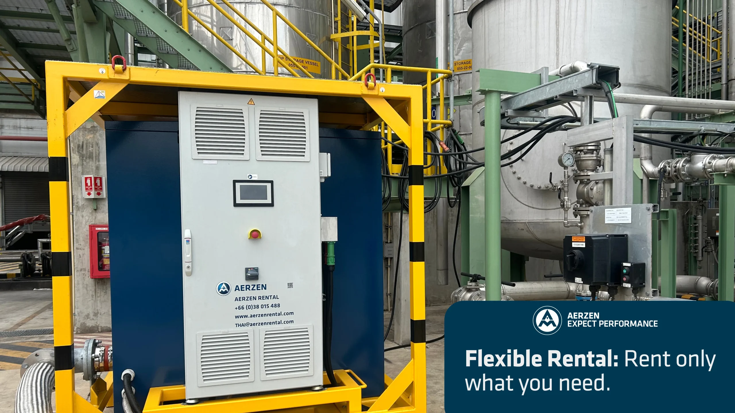 AERZEN rental blower container placed at industrial plant with flexible rental service banner