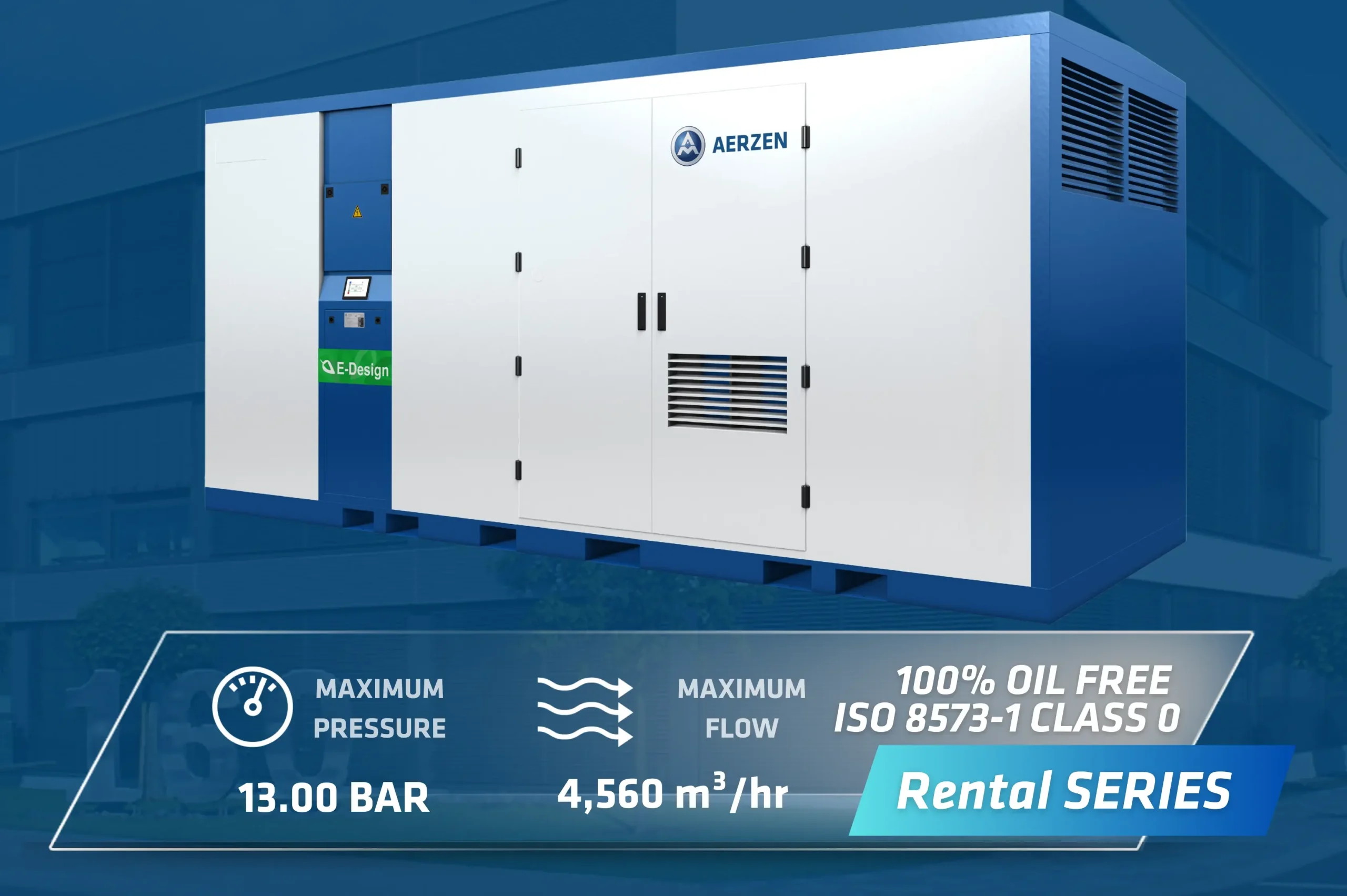 AERZEN Oil-Free Blower Compressor ISO 8573-1 Class 0 – Rental Series Oil-free blower and compressor by AERZEN Rental Series, 13.00 BAR, ISO 8573-1 Class 0, 4560 m³/hr flow