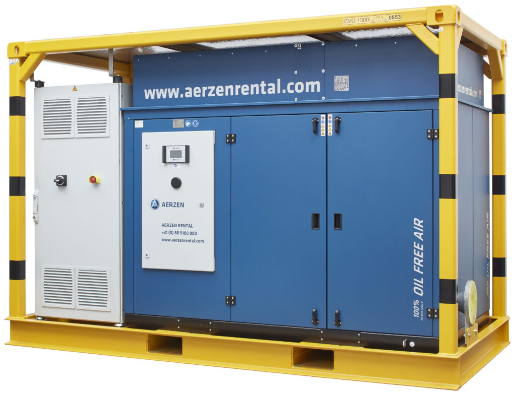 AERZEN Rental CVO1300 oil-free air compressor with AERtronic display, ISO 8573-1 certified.